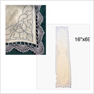 Vintage Linen Table Runner Blue Floral Embroidery Crochet Lace Trim 16x69